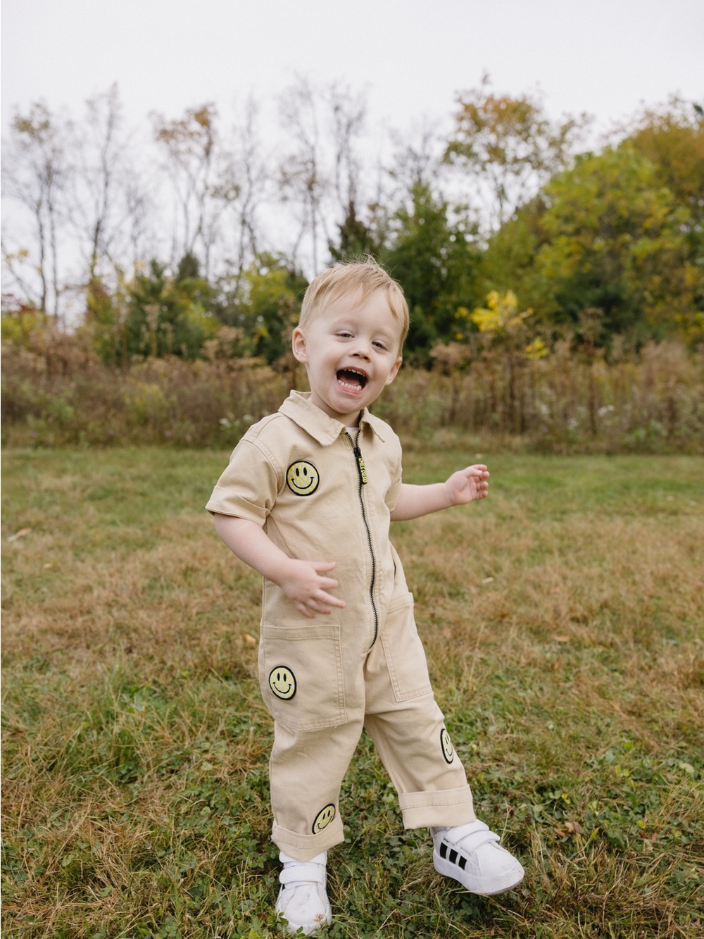 Kids Tan Smiley Patch Zip Up One-Piece Pocket Romper Jumpsuit 2T
